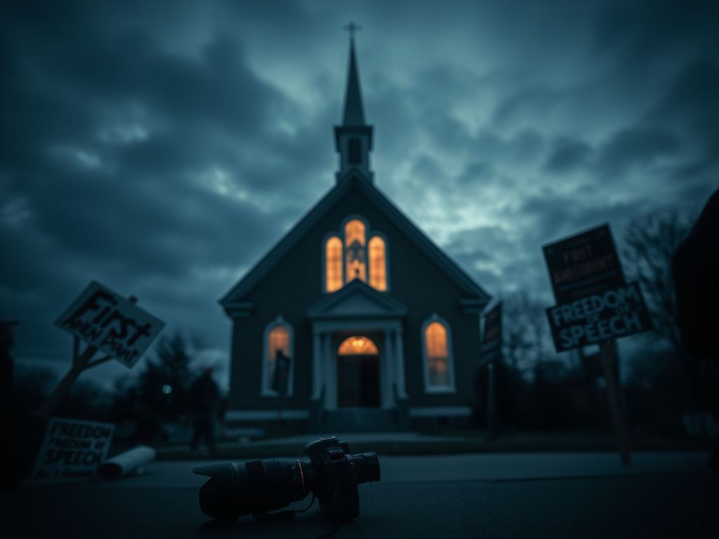 Flick International Exterior view of a church in St. Paul, Minnesota against a twilight sky with protest signs