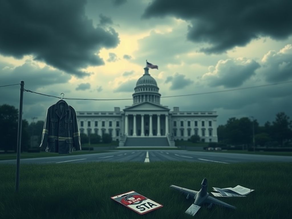 Flick International Symbolic depiction of a government building under stormy clouds with a military uniform and TSA badge in focus