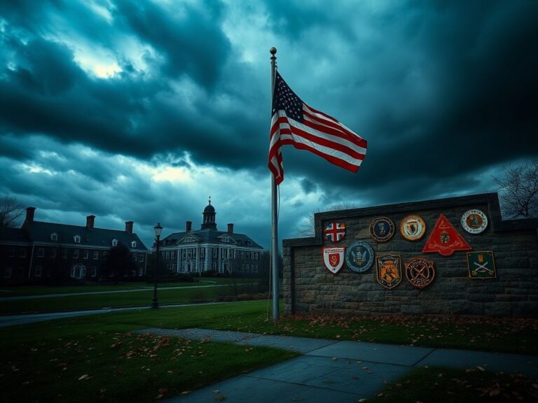 Flick International Dramatic scene of a historic military college under stormy skies