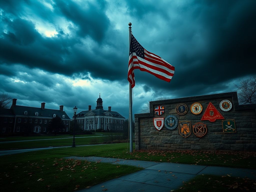 Flick International Dramatic scene of a historic military college under stormy skies