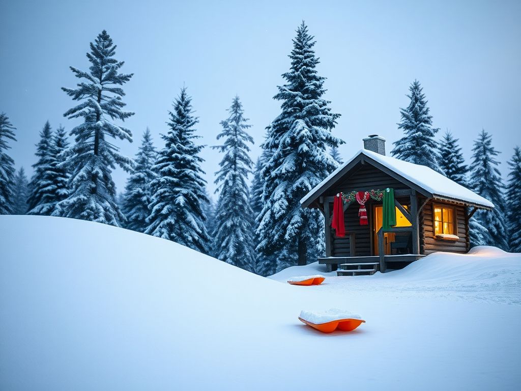 Flick International Serene winter landscape with snow-covered hills and colorful sleds
