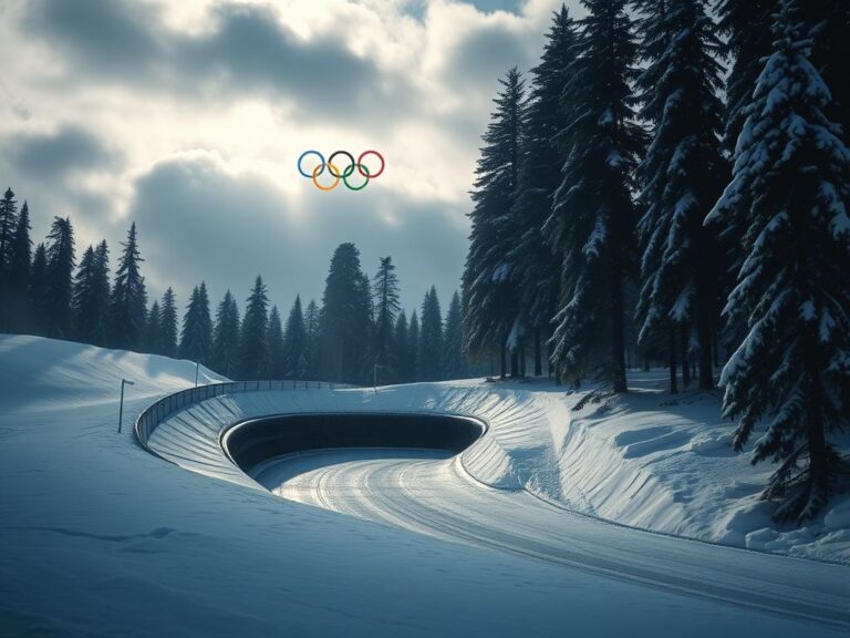 Flick International Dark, icy skeleton track in a snow-covered landscape under a cloudy sky