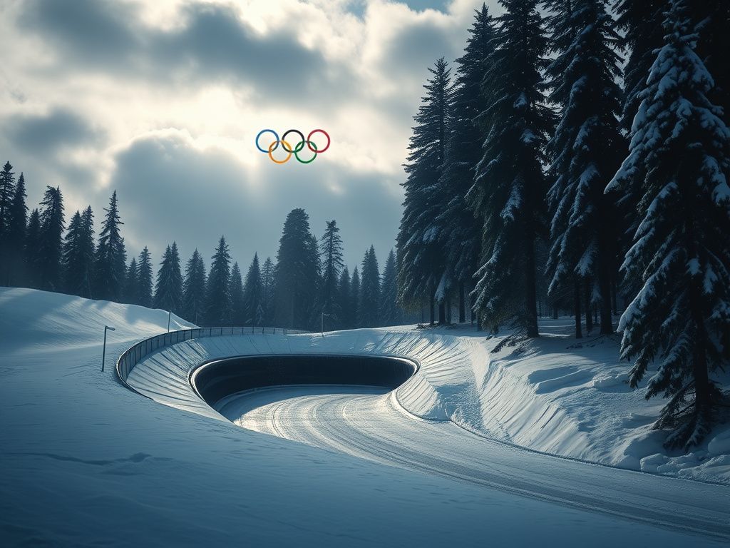 Flick International Dark, icy skeleton track in a snow-covered landscape under a cloudy sky