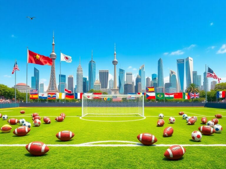 Flick International A dynamic football field showcasing international sports diplomacy with flags and footballs.