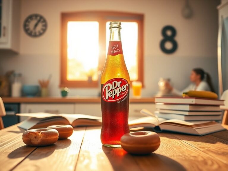 Flick International Vintage bottle of Dr Pepper on a rustic wooden table with breakfast items