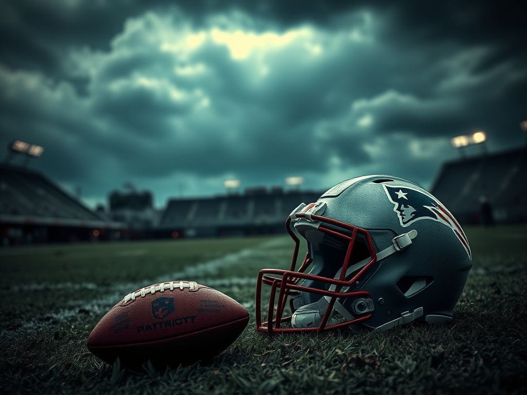 Flick International An empty New England Patriots helmet and a muddy football on a football field under heavy clouds.