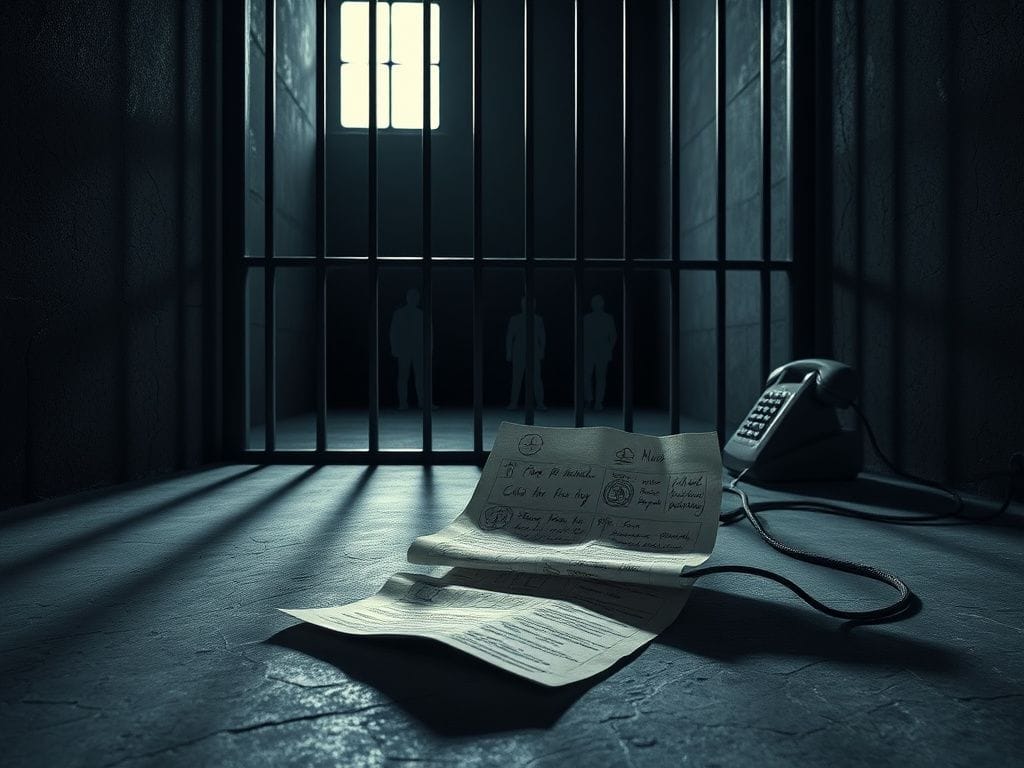 Flick International Dark prison cell with shadowy figures representing victims and a crumpled paper of sinister plans