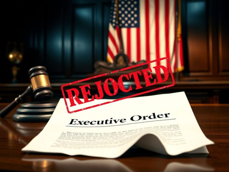 Flick International Courtroom scene with a gavel and crumpled 'Executive Order' paper stamped 'REJECTED'