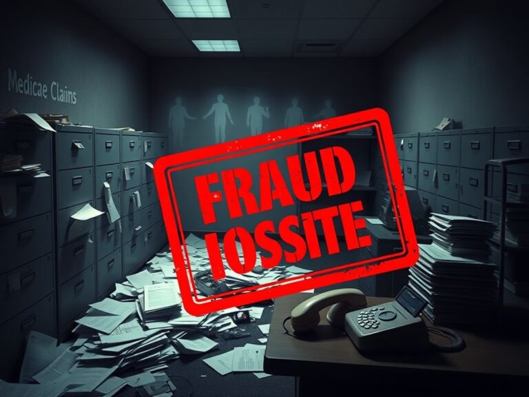 Flick International Dimly lit office space filled with disorganized paperwork symbolizing hospice fraud chaos