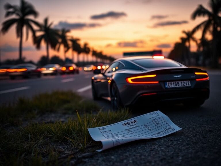 Flick International Abandoned Aston Martin illuminated by police lights on a Florida highway