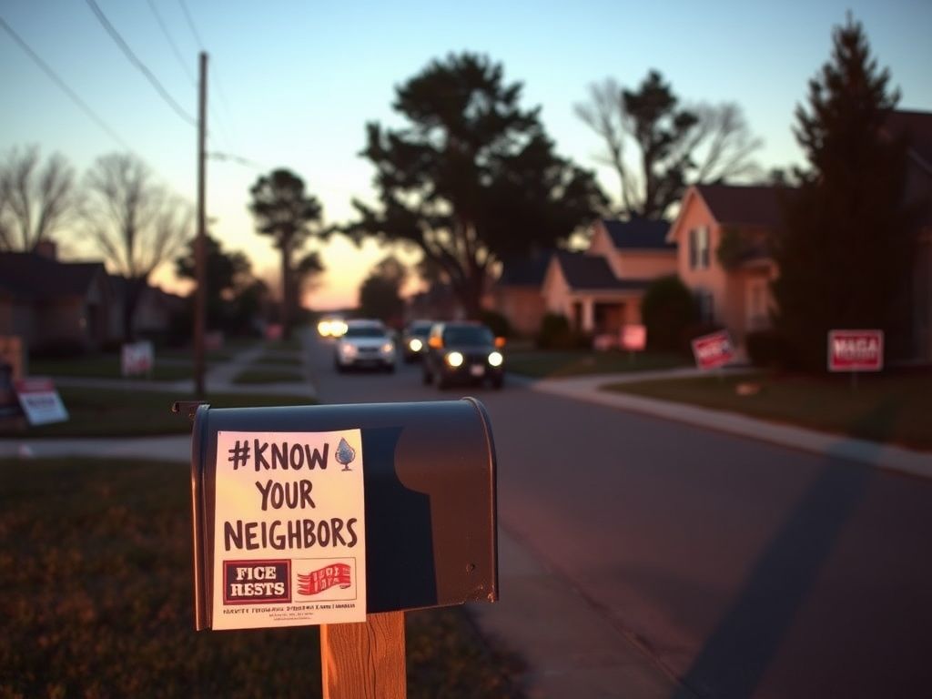 Flick International Suburban neighborhood scene at dusk with protest flyer on mailbox