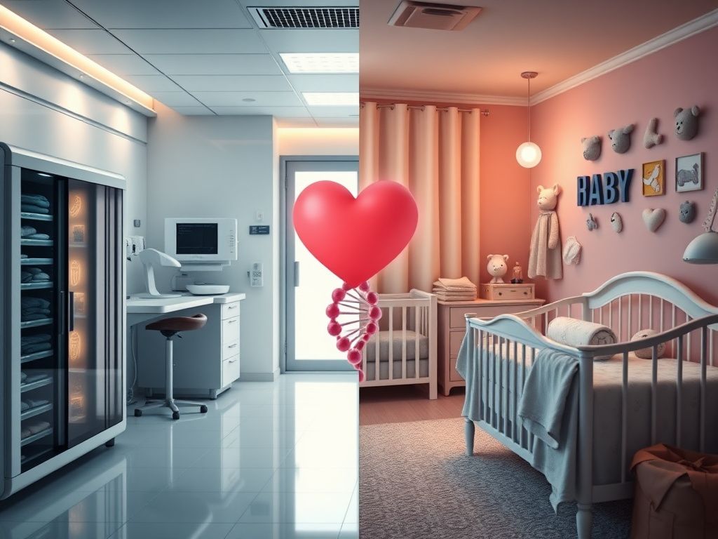 Flick International Abstract representation of a DNA double helix intertwined with a heart in a contrasting setting of a fertility clinic and a nursery.