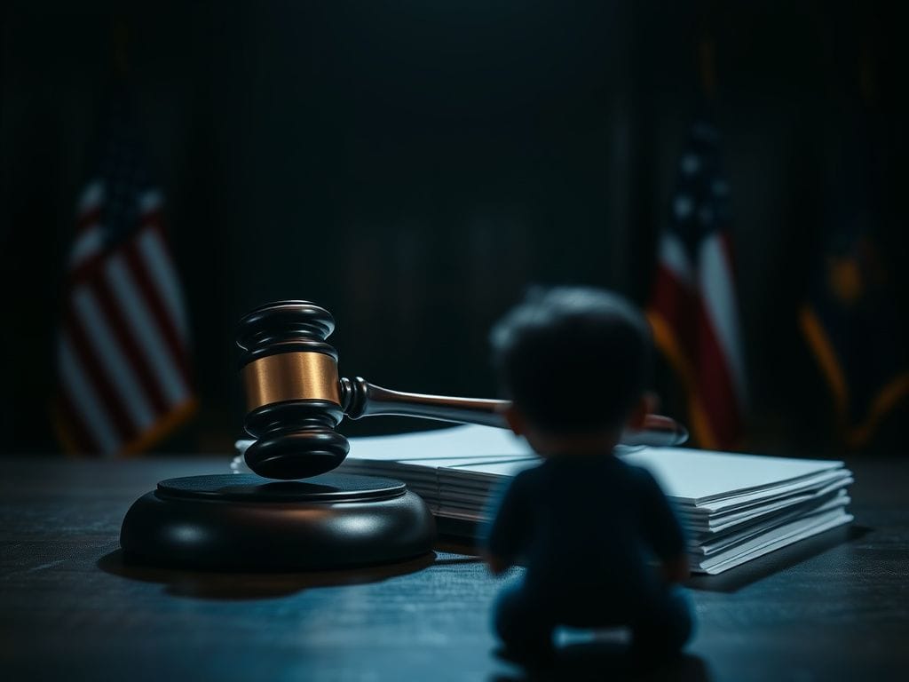 Flick International Moody courtroom scene with a gavel on legal documents, symbolizing a lawsuit against Trump's ban on trans surgeries for minors