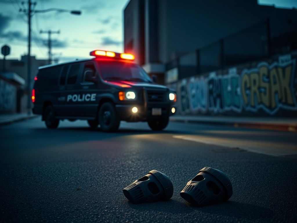 Flick International Police vehicle in Los Angeles with discarded tactical masks on the ground