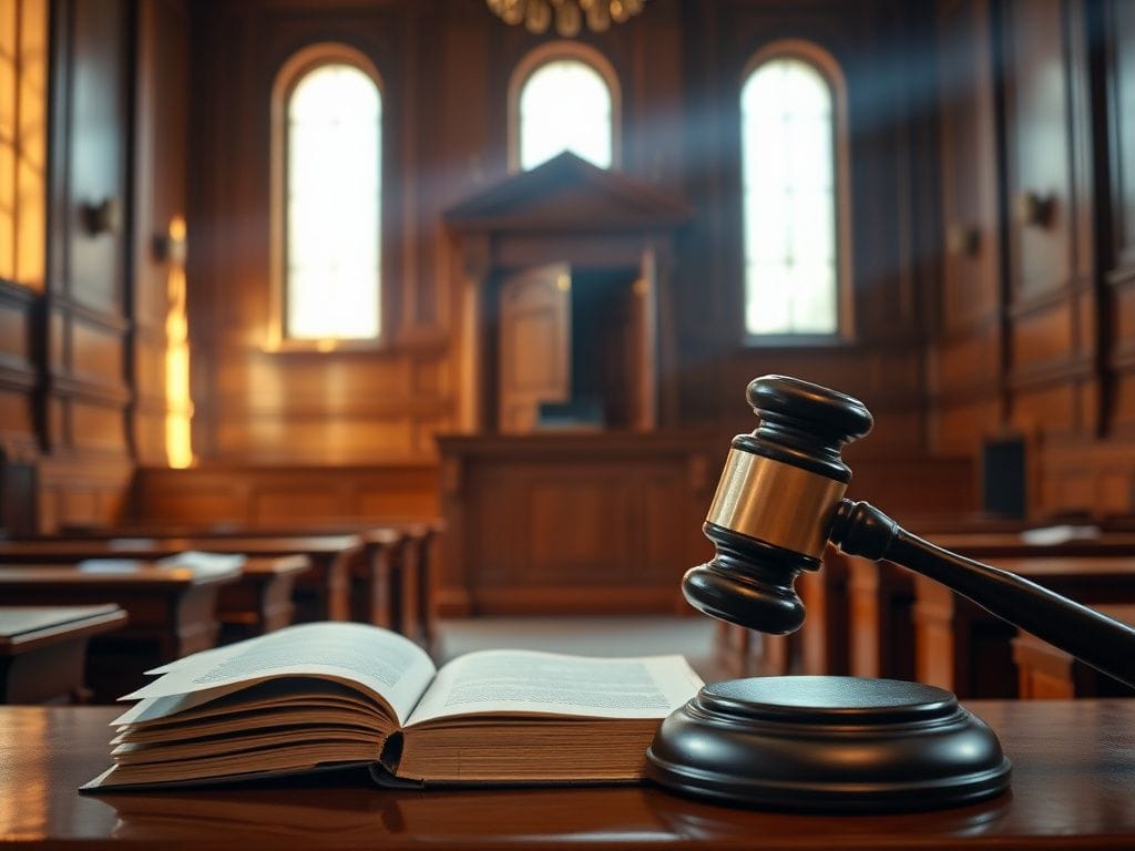 Flick International Interior of a courtroom with judge's bench and gavel