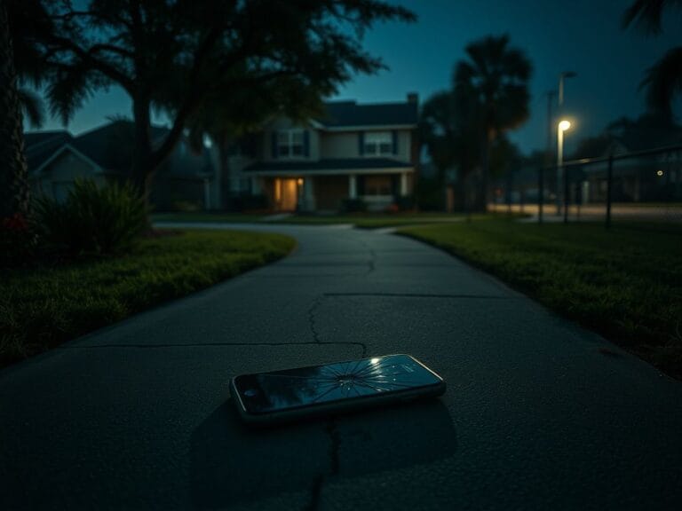 Flick International A shattered cellphone on a cracked sidewalk in a dimly lit Florida neighborhood, symbolizing discord and deceit.