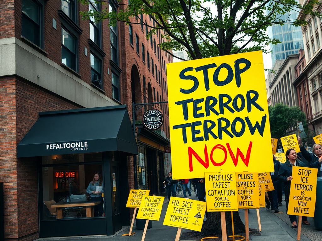 Flick International Large protest sign reading 'STOP ICE TERROR NOW' propped against a brick wall in Washington, D.C.
