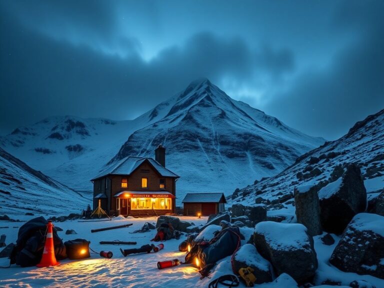 Flick International A dramatic winter landscape at Scafell Pike with Wasdale Head Inn glowing in the foreground