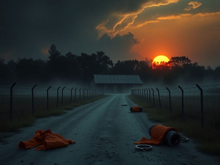 Flick International Dramatic view of a Louisiana jail at dawn with barbed wire and misty trees