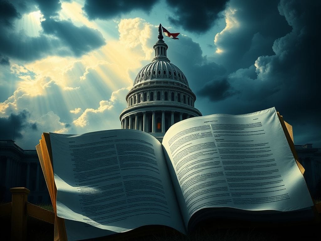 Flick International Dramatic depiction of the U.S. Capitol building with shadows and storm clouds symbolizing political tension and uncertainty