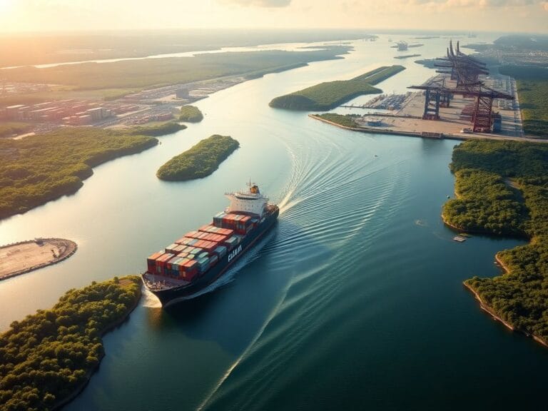 Flick International Aerial view of the Panama Canal with cargo ship and surrounding ports