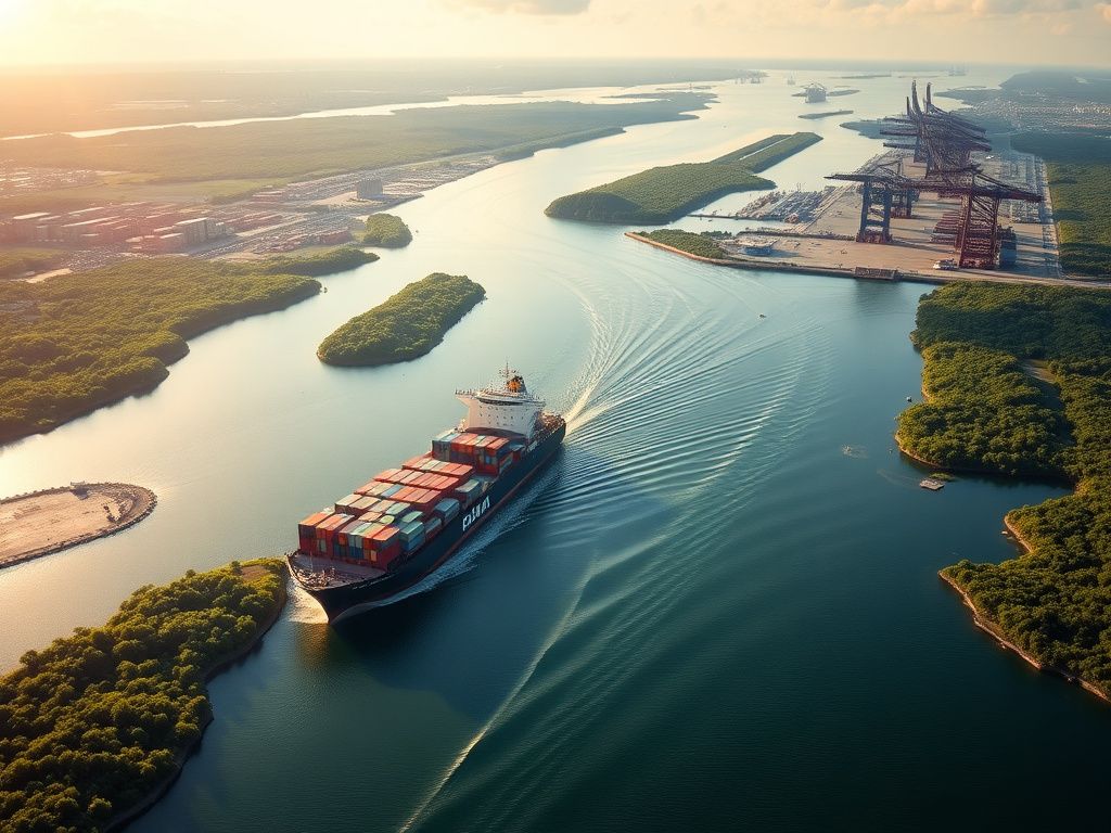 Flick International Aerial view of the Panama Canal with cargo ship and surrounding ports