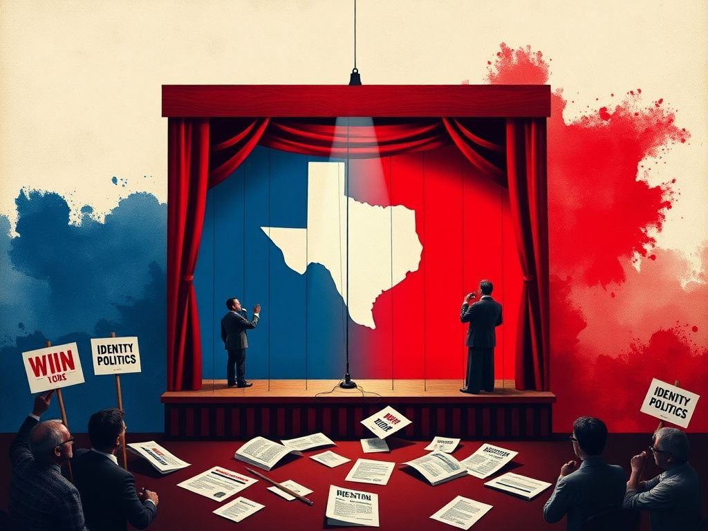 Flick International A broken puppet stage symbolizing political debate with cut strings