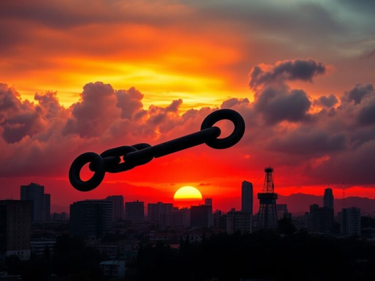 Flick International Dramatic sunset over Caracas, Venezuela, with symbolic rusting chain breaking apart