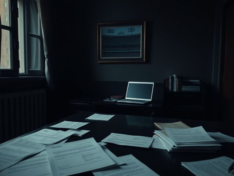 Flick International Empty office space with a dark wooden desk scattered with documents and a vintage laptop