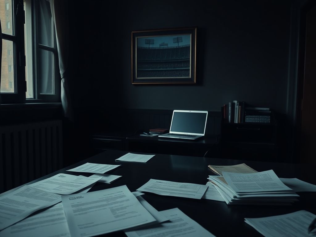 Flick International Empty office space with a dark wooden desk scattered with documents and a vintage laptop