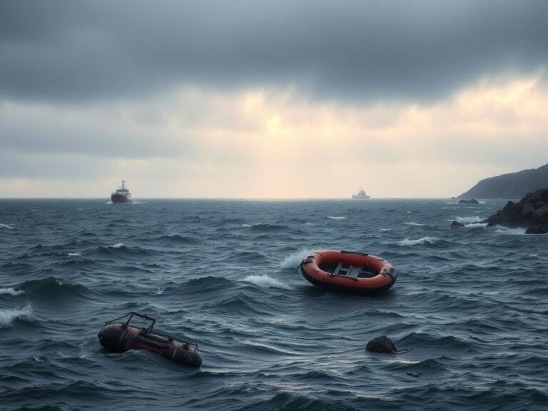 Flick International Aftermath of a fishing vessel sinking with debris and a life raft in turbulent waters