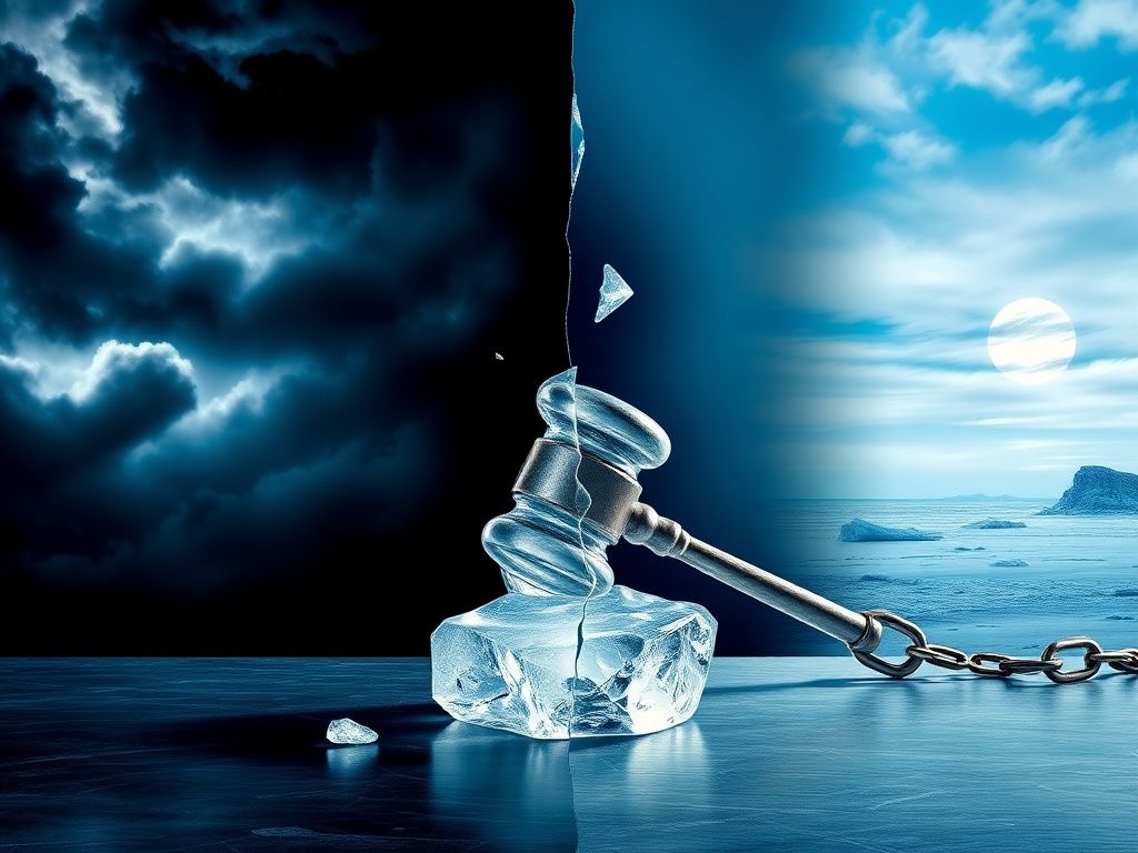 Flick International Abstract representation of political tension with split background depicting conflict and icy landscape.