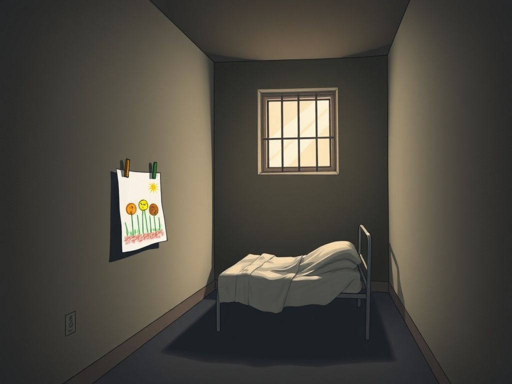 Flick International Illustration of a dimly lit immigration detention center highlighting isolation