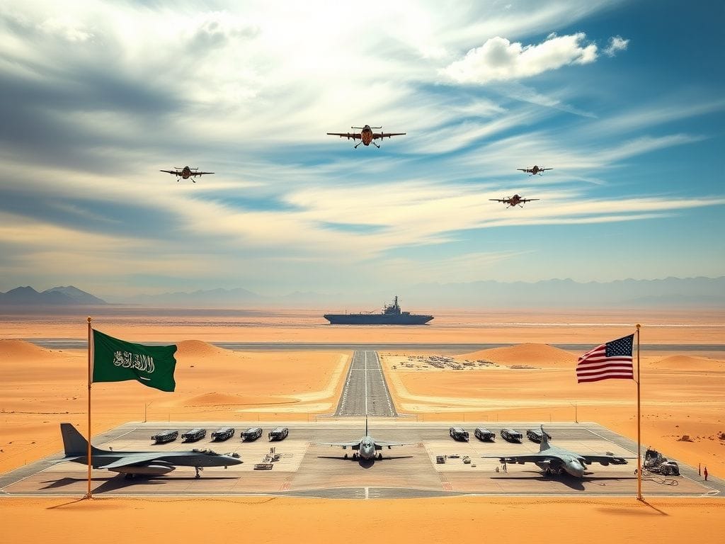 Flick International Panoramic view of a military airbase in the Saudi desert with aircraft and flags