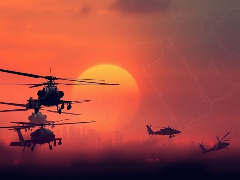 Flick International Dramatic representation of military conflict with military equipment and a Middle Eastern skyline