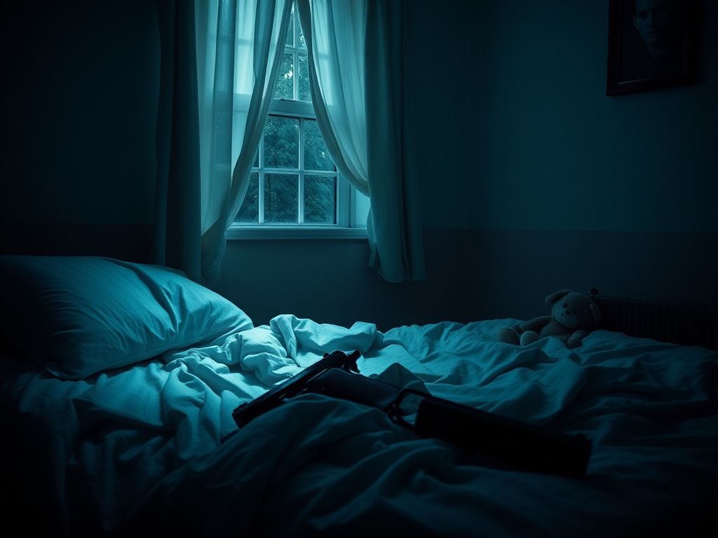 Flick International Dimly lit bedroom interior with a chilling silhouette of a handgun and a child's stuffed toy