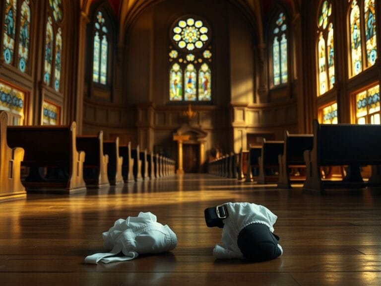 Flick International Scene inside a softly lit synagogue highlighting the grandeur of architecture with stained glass reflections and crumpled adult diaper and knee pads on the floor