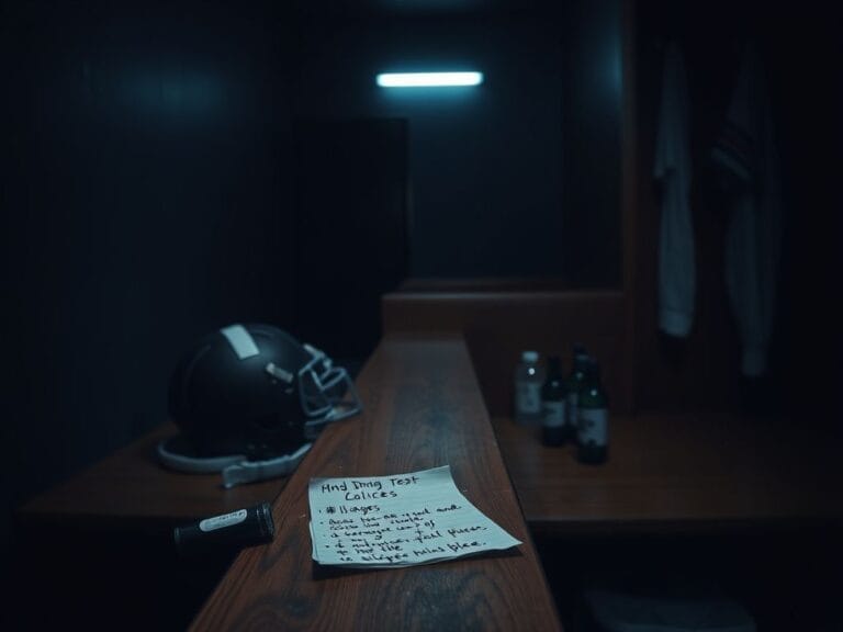 Flick International A dimly lit college locker room with a cluttered bench and sports equipment symbolizing desperation and past choices