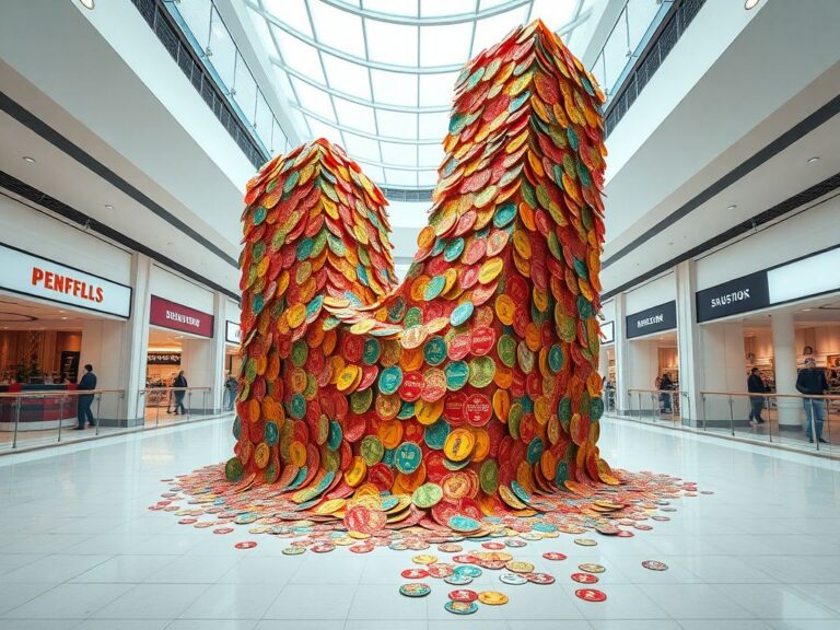 Flick International A large, colorful beer coaster tower made from 63,000 pieces moments before its collapse.