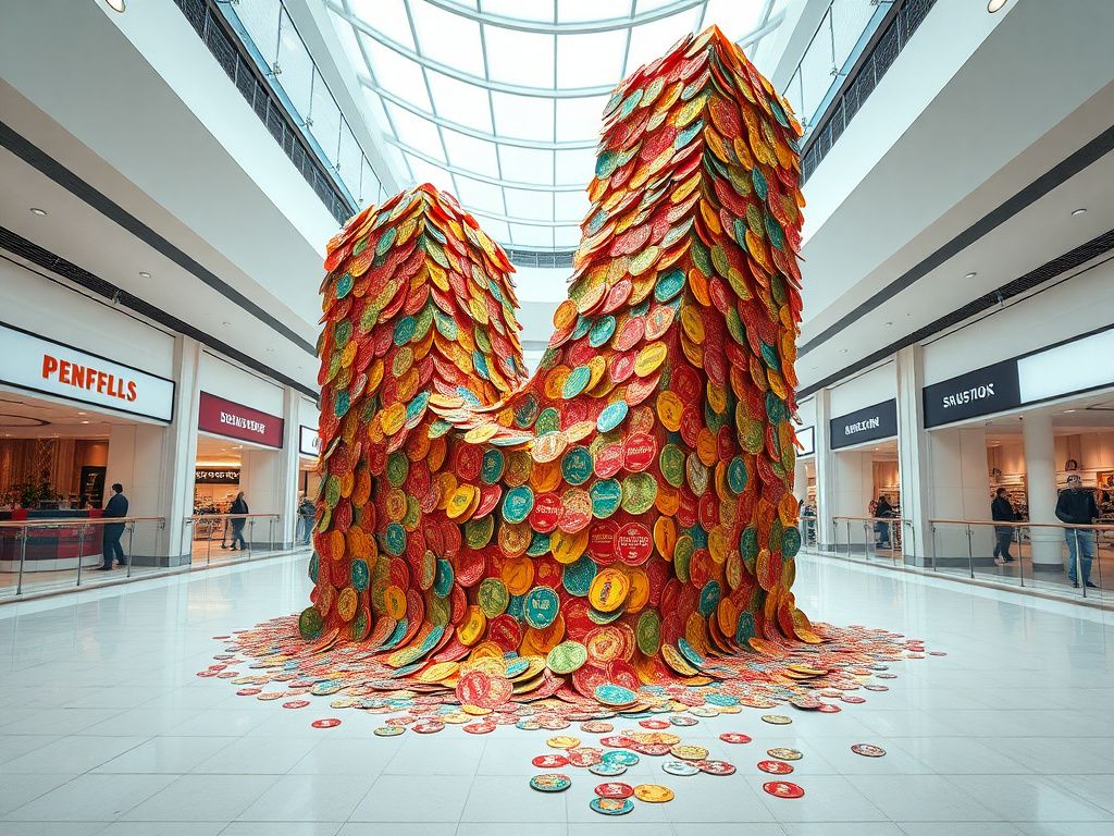 Flick International A large, colorful beer coaster tower made from 63,000 pieces moments before its collapse.