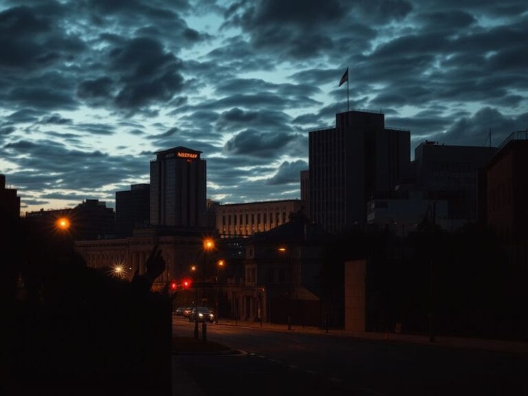 Flick International Twilight view of a fortified government building contrasting with modern architecture