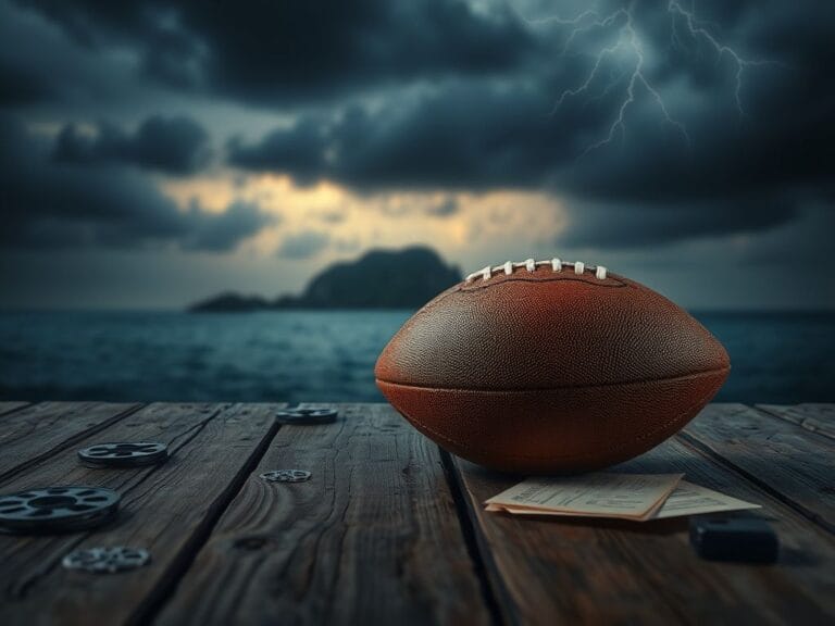 Flick International A cracked football on a weathered table with a stormy island backdrop representing NFL controversy