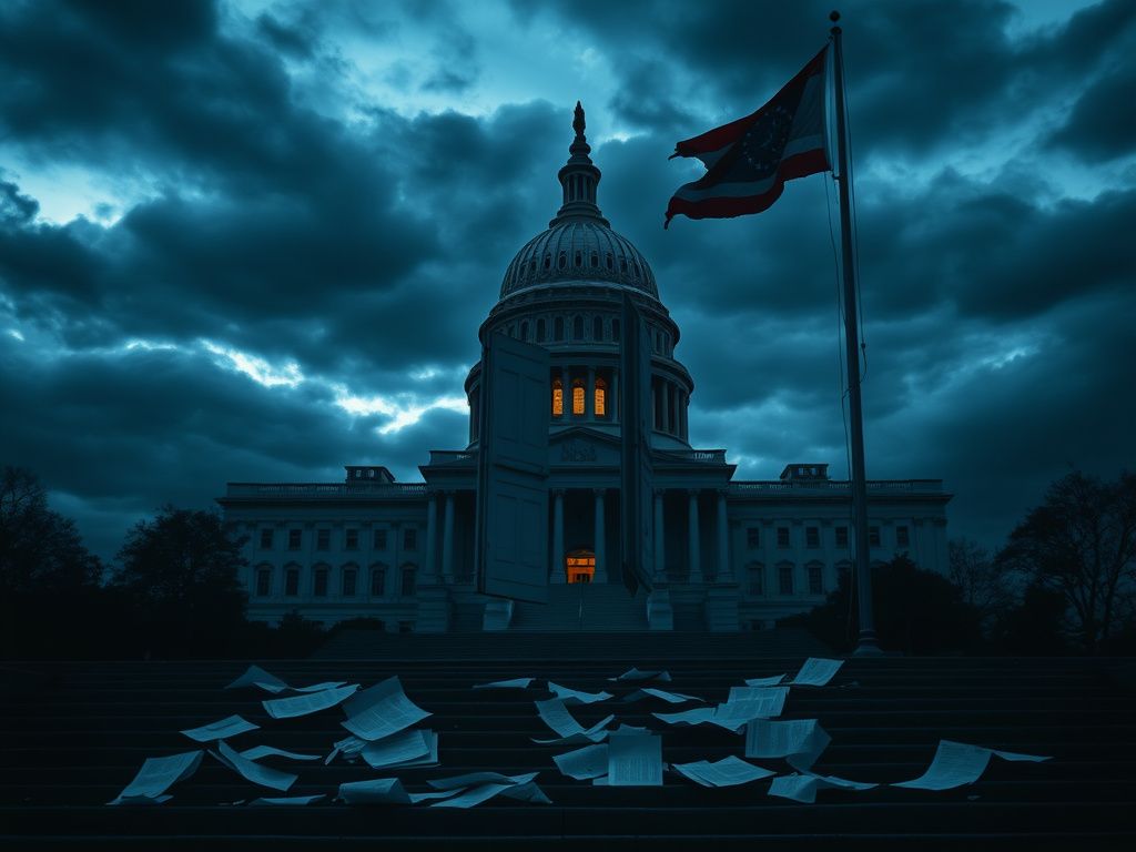 Flick International Dimly lit Capitol building at dusk symbolizing government turmoil
