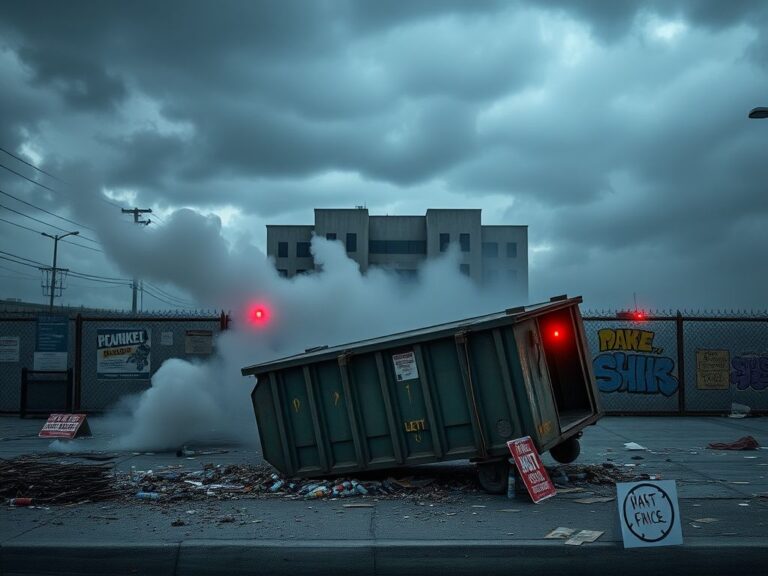 Flick International Chaotic scene outside a federal detention center in Los Angeles with overturned dumpster and debris
