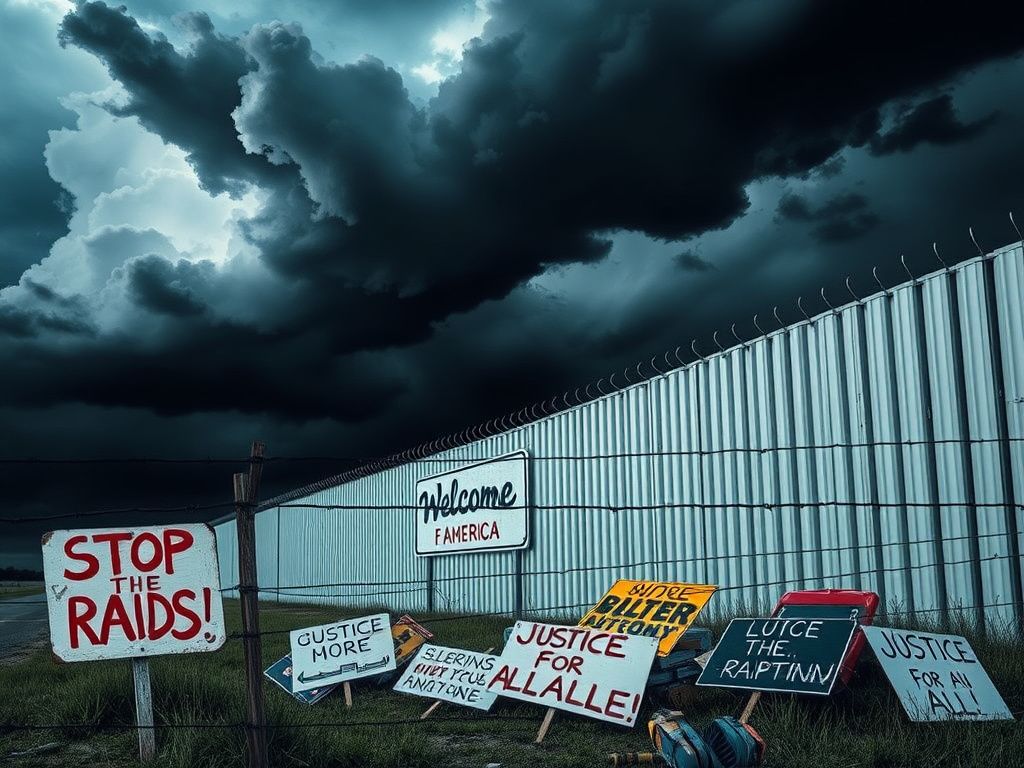 Flick International A dramatic border wall under a stormy sky with barbed wire and protest signs
