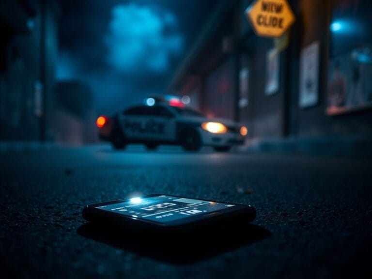 Flick International A dark urban scene with an empty smartphone on the pavement displaying a video upload interface