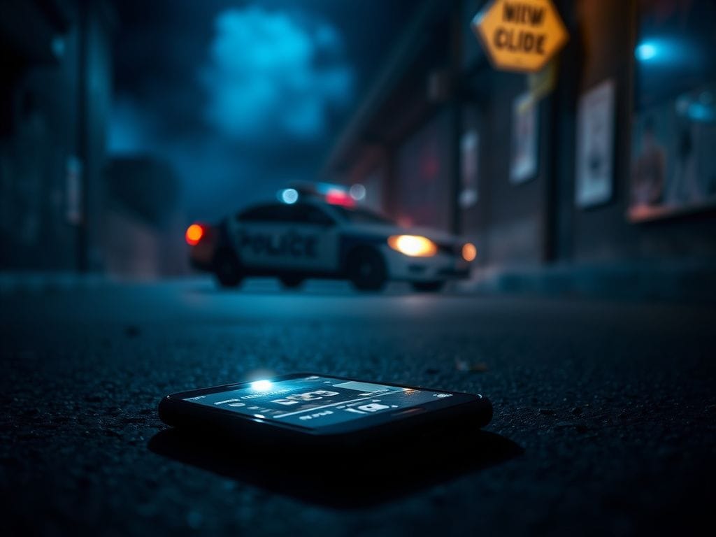 Flick International A dark urban scene with an empty smartphone on the pavement displaying a video upload interface