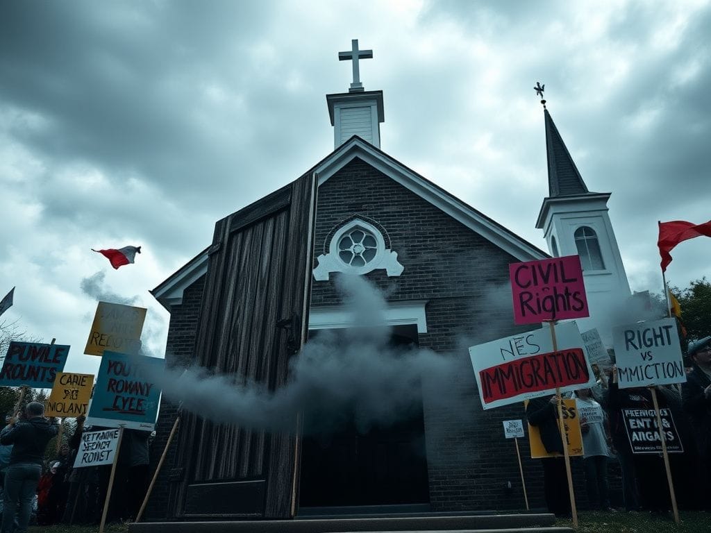 Flick International A weathered church door ajar during a civil rights protest with colorful signs.