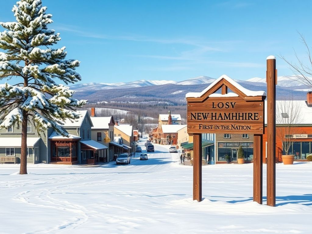 Flick International Serene winter landscape of New Hampshire with quaint New England architecture and a sign reading 'First in the Nation'