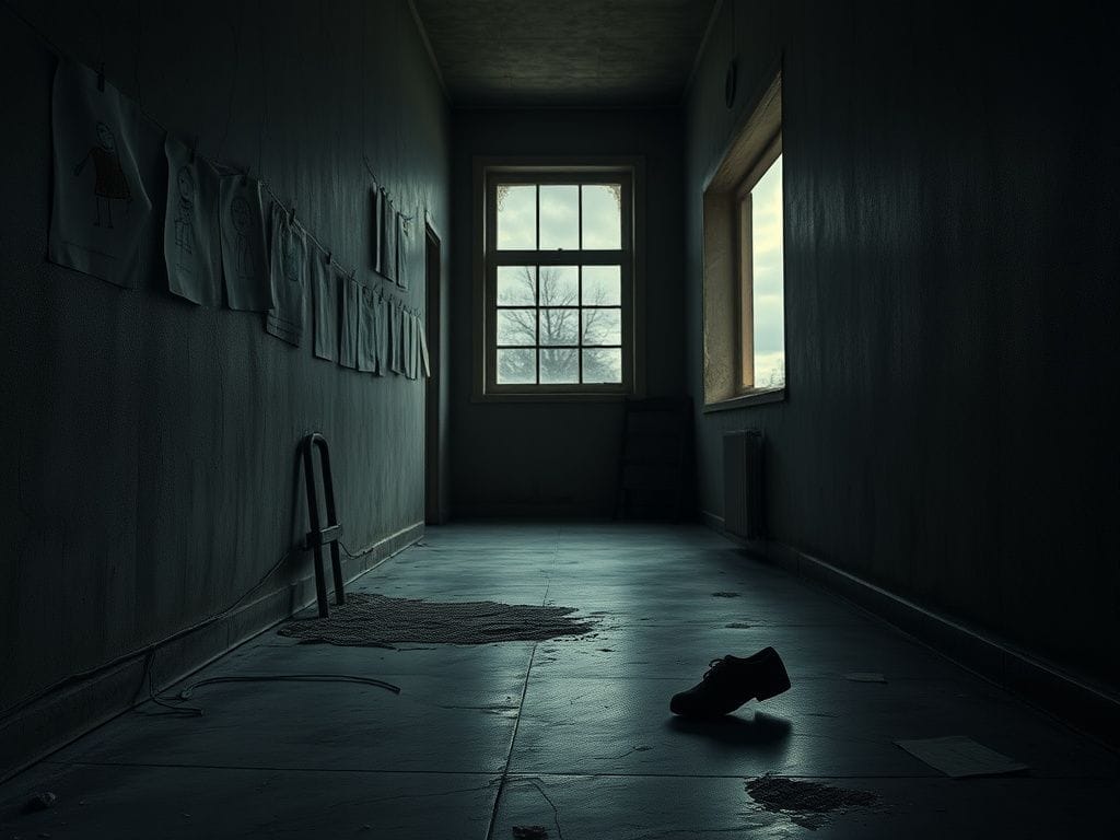 Flick International Somber corridor of an empty European orphanage, reflecting abandonment and neglect